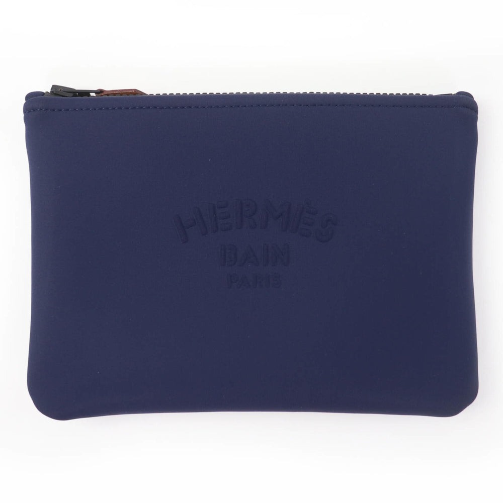 HERMES Trouse Flat PM Neoban Black Hardware Logo Zip Pouch Navy Made in France Women's — Like New