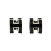 HERMES Mini Pop H Earrings, Metal, Lacquer, Black, Silver — Like New
