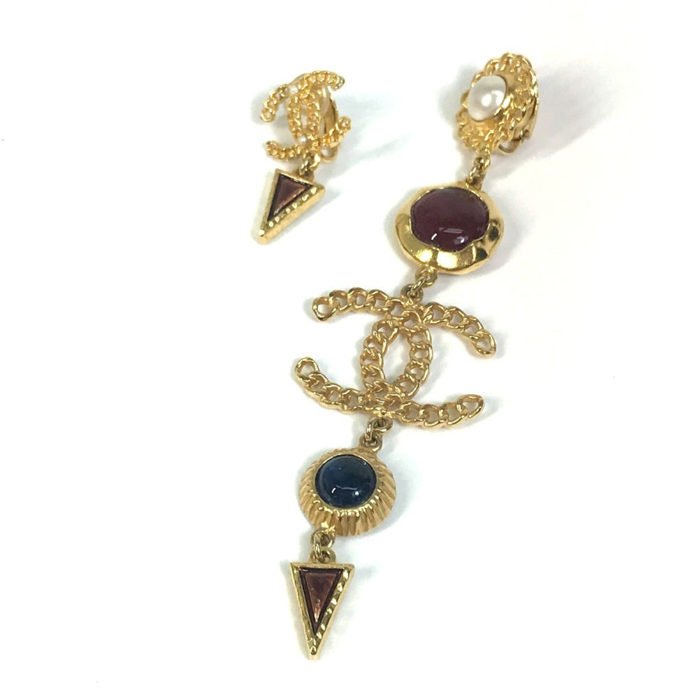 CHANEL CC Coco Mark Color Stone Faux Pearl A18K Earrings GP Women's Gold x Multicolor — Like New