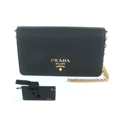 PRADA 1BP053 Saffiano Leather Mini Bag with Triangle Chain, Shoulder Bag, Black, Made in Italy, Women's — Like New