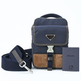 PRADA Suede and Nylon Shoulder Bag, Triangle Design, Navy Brown — New - Store Return