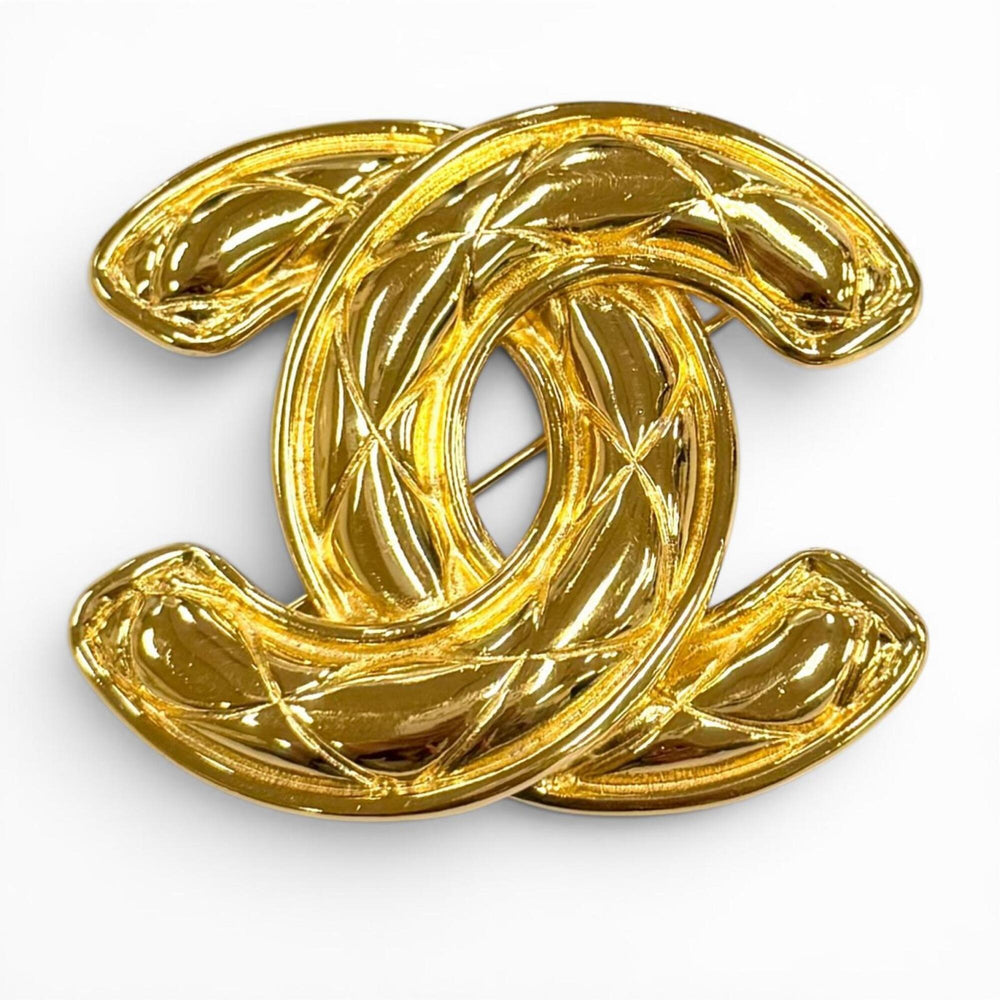 CHANEL Vintage Coco Mark Matelassé Brooch, Gold, Made in France, Women's Accessory — Like New