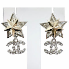CHANEL C23S ABA907 Coco Mark Rhinestone Strass Star Crystal Swing Earrings (Pair) Champagne Gold Silver Made in France Women's — Like New