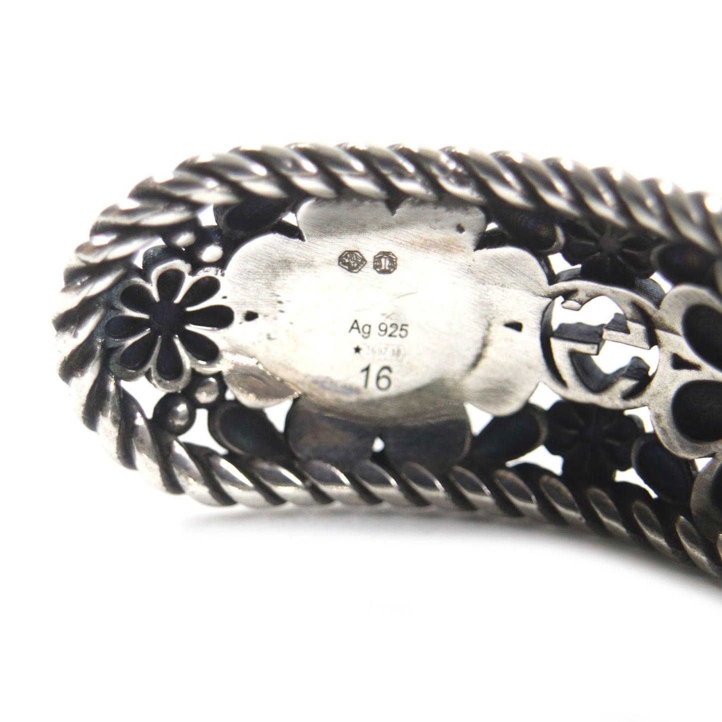 GUCCI Crystal Floral Interlocking G Bangle Bracelet, AG925 Silver, Green, Size 16, Includes Box and Dust Bag, Made in Italy, Weight 24.8g, Men's