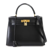Hermes Kelly 28, Box Calf Leather, Black, 2-way Handbag/Shoulder Bag, 〇X Stamp, Made in 1994, External Stitching, Gold Hardware — Like New