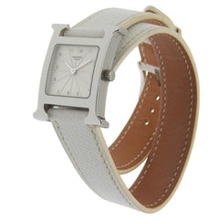 Hermès H Watch Double Tour HH1.210, stainless steel and smooth leather, made in France, 2012, silver P quartz movement, analog display, white dial, Heure watch for women — Good