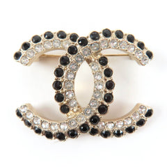 CHANEL A22B Coco Mark Brooch, 2022 Model, Large, Gold Tone, Black Stone, Clear Black, Comes with Box and Dust Bag, Made in Italy, Women's — Like New