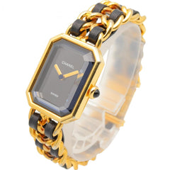 CHANEL Premiere M Watch, Gold-Plated, with Leather Strap, Black, Women's, H0001 — Very Good