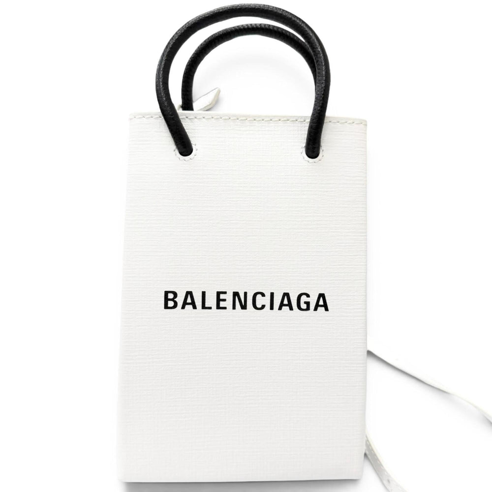 BALENCIAGA 593826 Logo Leather Shopping Phone Holder Shoulder Bag White Men's with Dust — Like New