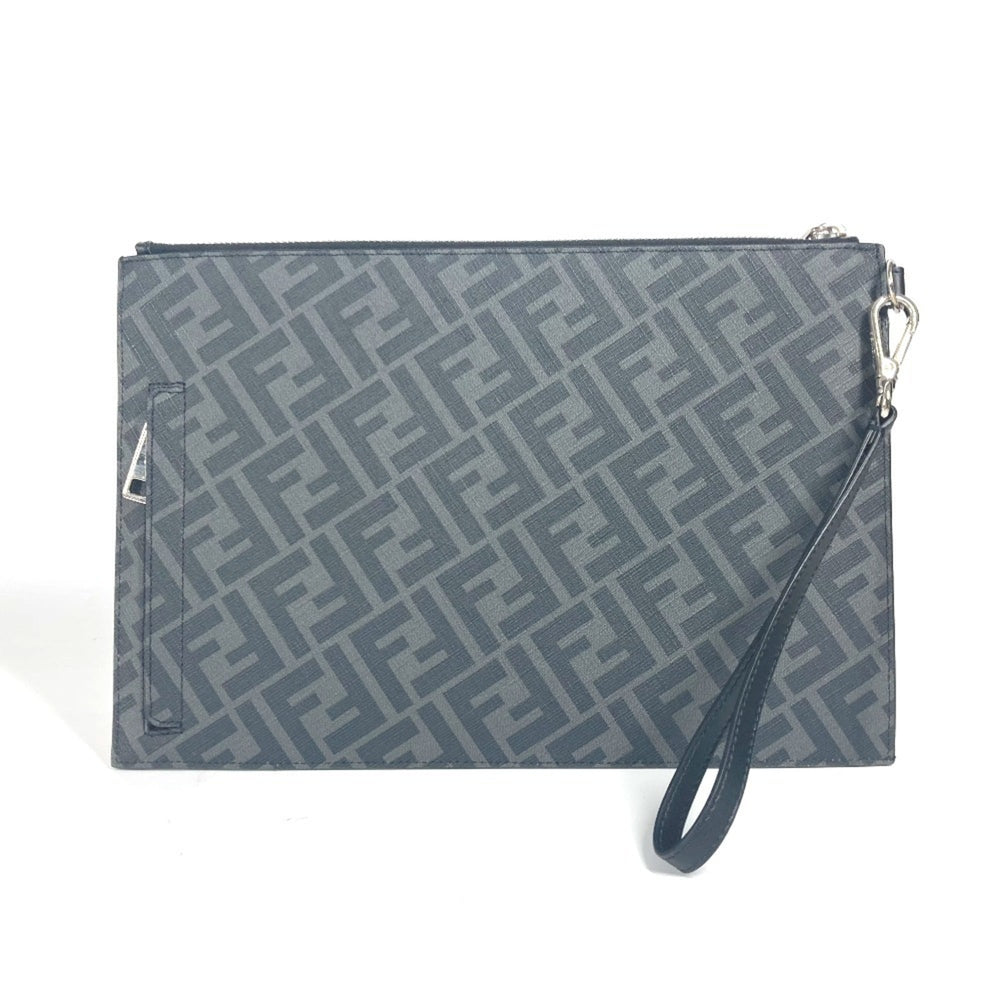 FENDI 7N0110 Flat Diagonal Zucca Second Bag Pouch Clutch Leather Men's Black x Yellow Gray E-240828-5 — Like New
