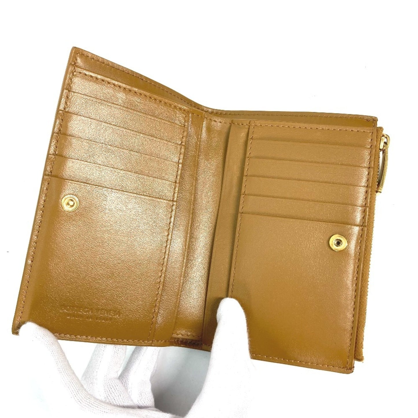 BOTTEGA VENETA 667130 Compact Cassette Wallet, Medium, Bi-fold Zipper Intrecciato Leather, Women's, Beige