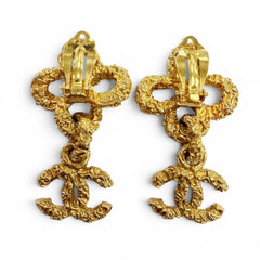 CHANEL Vintage 93A Metal Lava Flower Coco Mark Swing Earrings, Gold, Made in France, Women's, with Box — Like New