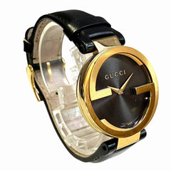 Gucci Interlocking Watch, Total Weight 41.2g, Stainless Steel, Genuine Leather Strap, Quartz Movement, Black Dial, 133.3 — Good
