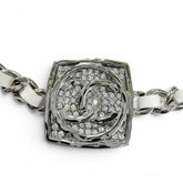CHANEL (Chanel) 2025 Model B25C Coco Mark Rhinestone Leather Necklace Choker Silver White Made in Italy Women's — Like New