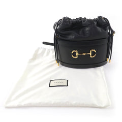 GUCCI 602118 Horsebit Leather Bucket Bag Shoulder Black Gold Hardware with Dust Made in Italy Women's — Like New