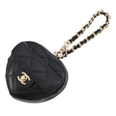 Chanel accessory bag charm, Matelassé heart mini lambskin AP4838, black. handbag pouch — Like New
