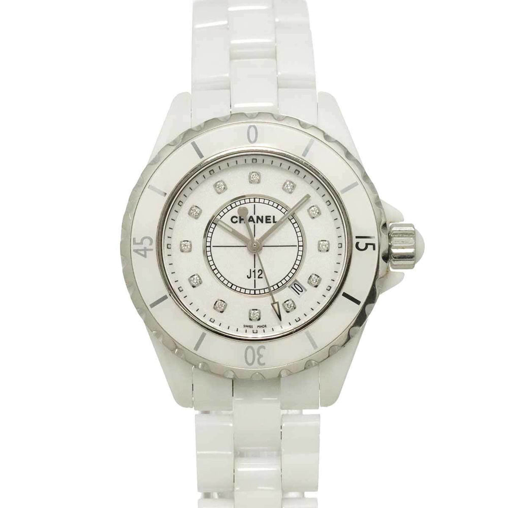 Chanel J12 33mm H1628 Women's Watch, 12 Diamonds, Date Display, White Ceramic Quartz Watch — Very Good