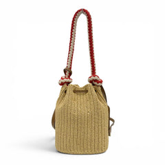 PRADA 1BE068 Crochet Mini Bucket Bag with Triangle Logo, Leather Accents, Raffia, 2-Way Shoulder Bag/Handbag, Natural Finish, Made in Italy, Women's, Dust Bag — Like New