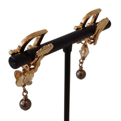 Christian Dior Rhinestone Logo Butterfly Pearl Swing Earrings, GP Gold Color, Women's — Like New