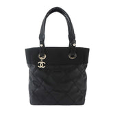 Chanel Paris Biarritz PM Tote Handbag, Nylon and Leather, Black, A34208, Silver Hardware — Like New