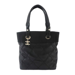 Chanel Paris Biarritz PM Tote Handbag, Nylon and Leather, Black, A34208, Silver Hardware — Like New
