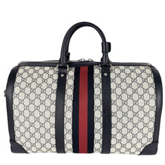 Gucci Boston Bag for Men and Women, Ophidia Medium Duffle Bag, Handbag, Shoulder Crossbody Travel GUCCI 724642, GG Supreme Canvas, Leather, Navy, Beige, Silver Hardware — Like New