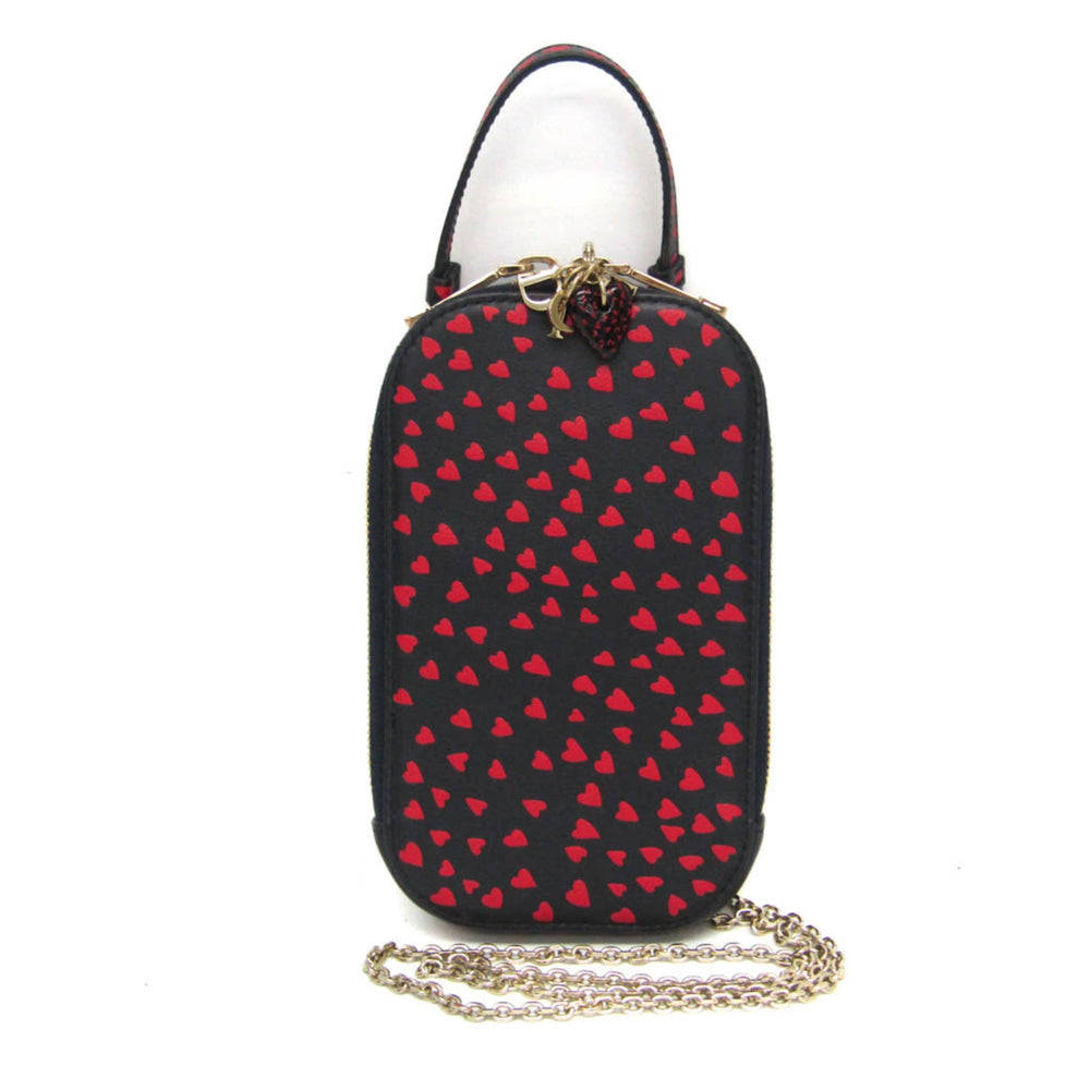 Christian Dior Lady Dior Phone Holder Women's Leather Pouch,Shoulder Bag Dark Navy,Red Color — Like New