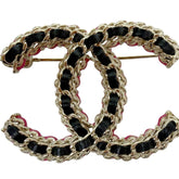 CHANEL CC Brooch Coco Black Pink B23B Champagne Gold Leather Chain Women's Men's — Like New