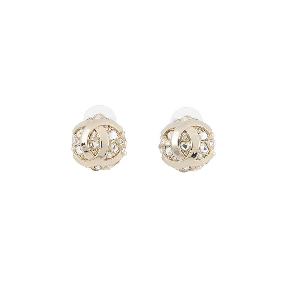 Chanel Earrings, Coco Mark Round Earrings with Rhinestones and Faux Pearls, B25A ABF219, CHANEL for Women — Like New