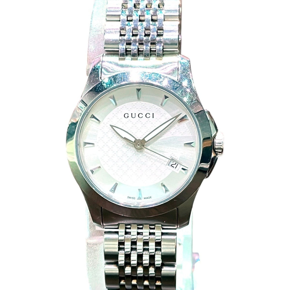 Gucci G-Timeless watch, total weight 57.2g, stainless steel, quartz movement, white dial, 126.5cm — Good