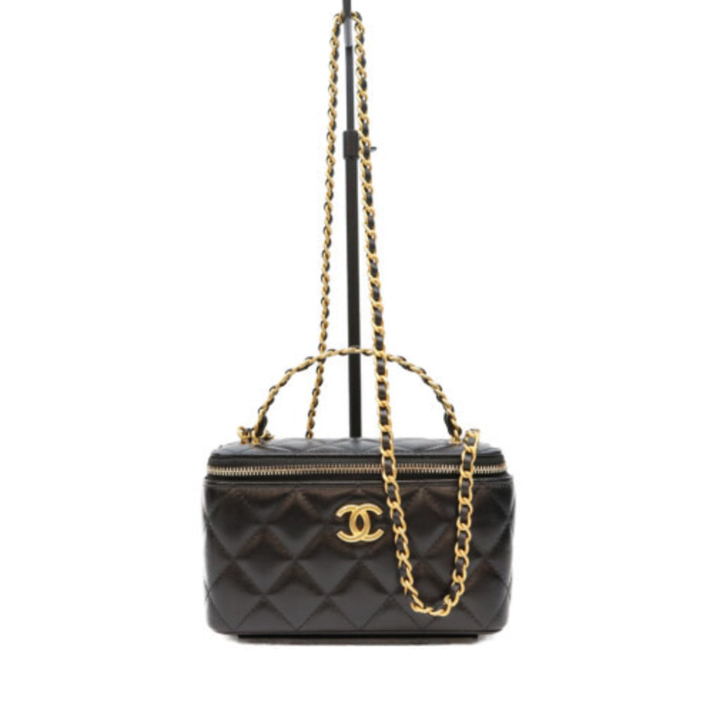 CHANEL AP3243 Black Lambskin Gold Hardware Top Handle 2-Way Vanity Bag Shoulder Women's — Like New