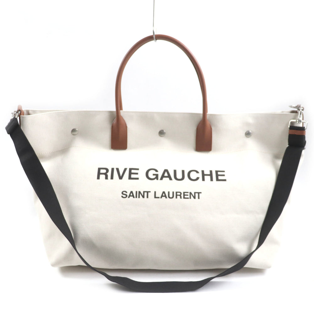 SAINT LAURENT 685543 Rive Gauche Maxi 2-Way Shopping Bag, Canvas and Leather Tote Beige Brown, Includes Dust Made in Italy, Men's — Like New