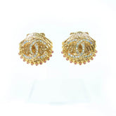 CHANEL G23C Coco Mark Rhinestone Shell Design Earrings, Gold, with Box, Made in France, Women's — Like New