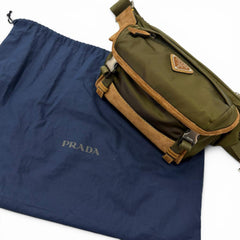 PRADA 2VH171 Re-Nylon Suede Leather Triangle Logo Body Bag, Khaki Brown, Made in Italy, Men's, with Dust Bag — Like New