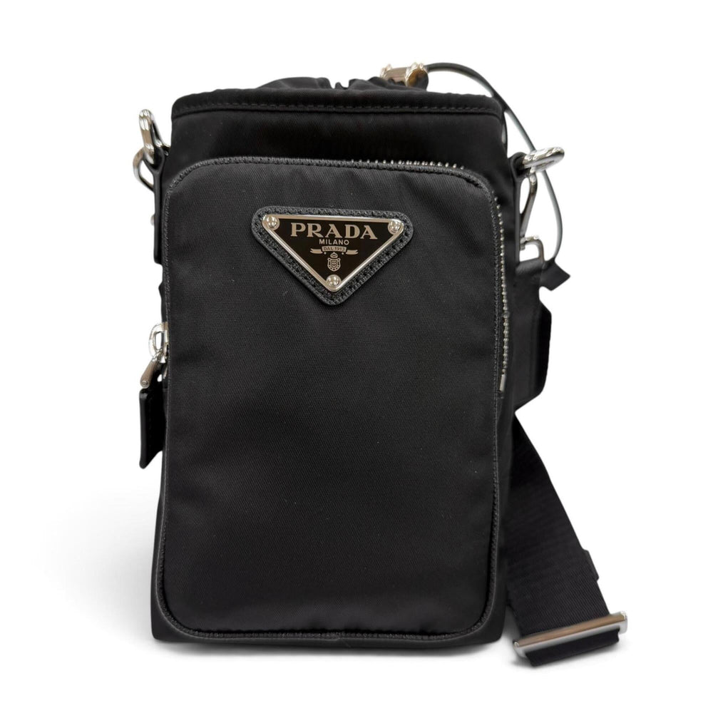 PRADA 2ZH155 Nylon Leather Re-Nylon Triangle Logo Plate Phone Case Shoulder Bag Black Silver Hardware Made in Italy Men's Comes with Box — Like New
