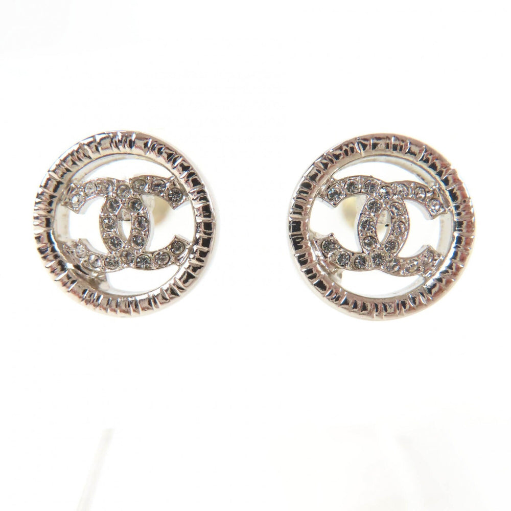 CHANEL AB9068 A22A Metal Coco Mark Rhinestone Circle Earrings, Silver, with Box, Made in France, Women's — Like New