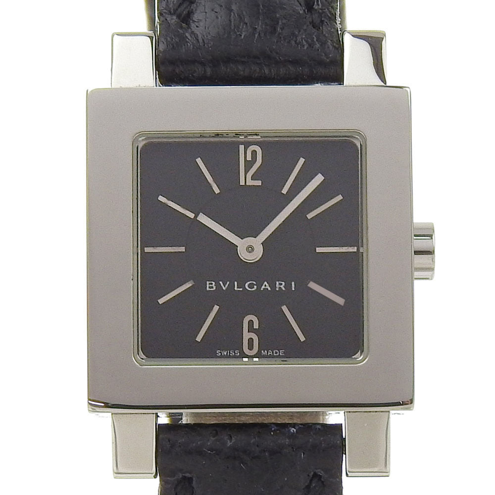 Bvlgari Quadrato SQ22SL Women's Watch, Stainless Steel with Embossed Leather, Quartz Movement, Analog Display, Black Dial — Good