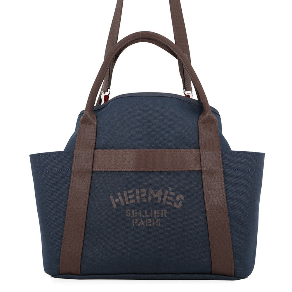 Hermes Sac de Pansage Groom Navy Feu Toile Chevron Canvas K Stamp HERMES Handbag — Like New