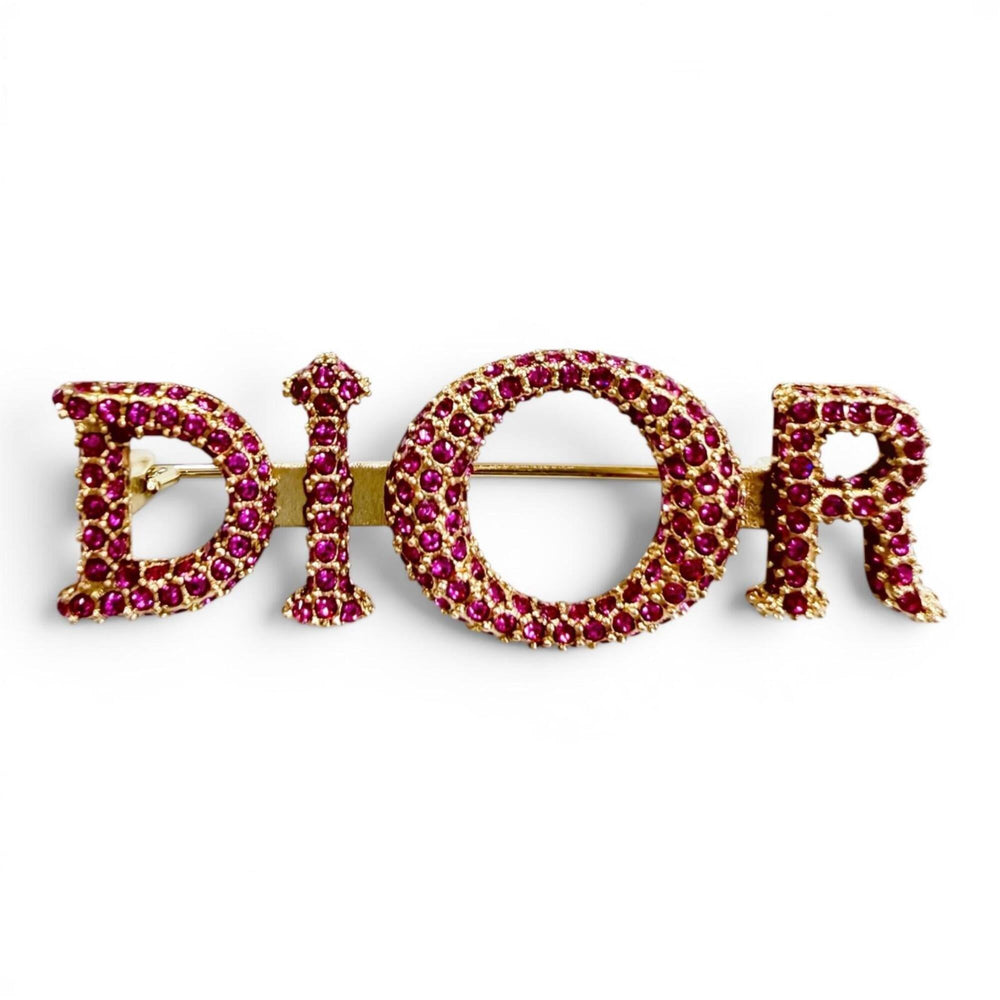 Christian Dior DIOR logo rhinestone brooch, pink with gold hardware, women's accessory, comes box and dust bag — Like New