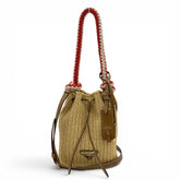 PRADA 1BE068 Crochet Mini Bucket Bag with Triangle Logo, Leather Accents, Raffia, 2-Way Shoulder Bag/Handbag, Natural Finish, Made in Italy, Women's, Dust Bag — Like New