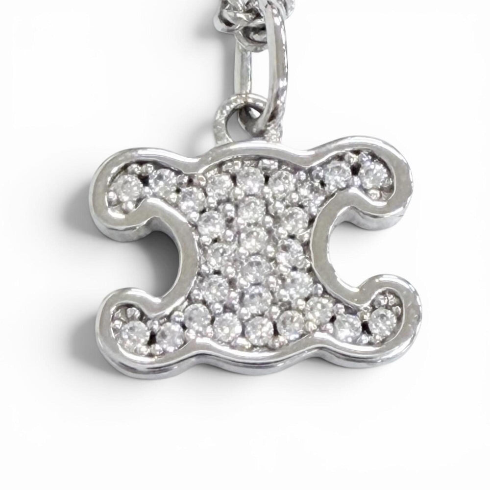 CELINE 460GB6BZI Triomphe Rhinestone Necklace, Silver, Made in Italy, Women's, with Box and Dust Bag — Like New