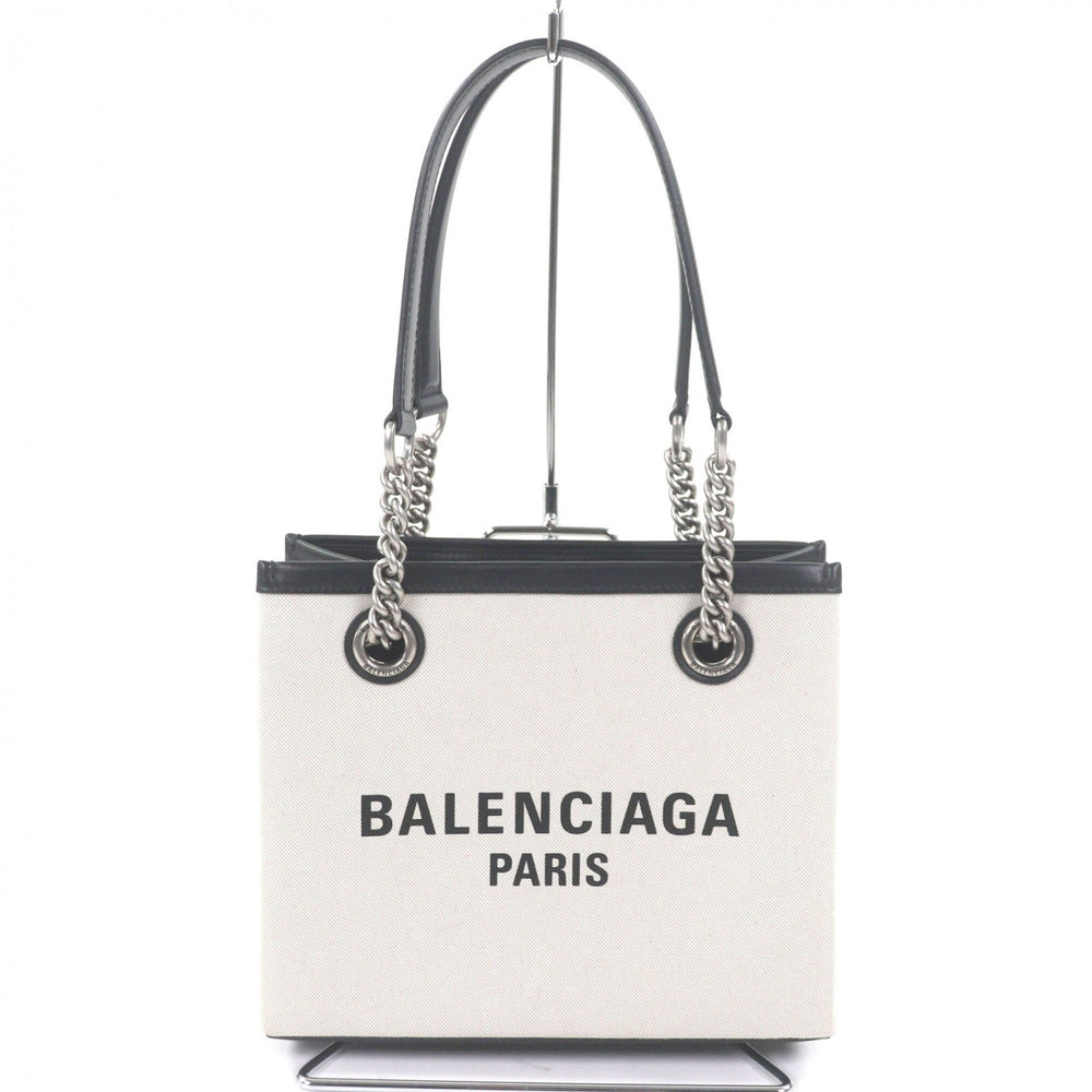 BALENCIAGA 759941 DUTY FREE TOTE S Canvas Leather Logo Print Chain Shoulder Handbag Light Beige Black Comes with Dust Bag Made in Italy Women's — Like New
