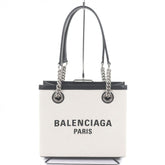 BALENCIAGA 759941 DUTY FREE TOTE S Canvas Leather Logo Print Chain Shoulder Handbag Light Beige Black Comes with Dust Bag Made in Italy Women's — Like New