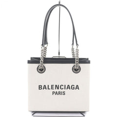 BALENCIAGA 759941 DUTY FREE TOTE S Canvas Leather Logo Print Chain Shoulder Handbag Light Beige Black Comes with Dust Bag Made in Italy Women's — Like New