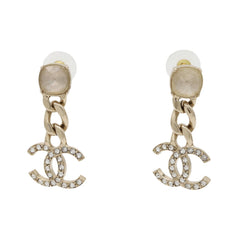 CHANEL Coco Mark Chain Swing Earrings GP Crystal Rhinestone Gold C23C — Like New