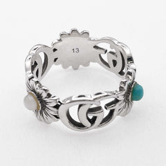 GUCCI Double G Flower Turquoise Mother-of-Pearl Ring, SV925, 13 7782, Silver, Men's/Women's — Like New