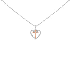 14K Rose Gold Plated Sterling Silver 1/5 Cttw Diamond Heart Cross Pendant Necklace