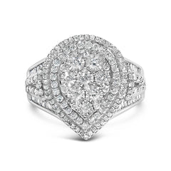Sterling Silver 1 Cttw Diamond Pear-Shaped Triple Halo Cluster Ring