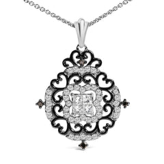 Black Rhodium Plated Sterling Silver 3/4 Cttw Diamond Ornate Medallion Pendant Necklace