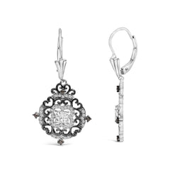 Black Rhodium and .925 Sterling Silver 3/4 Cttw Diamond Medallion Drop Earrings